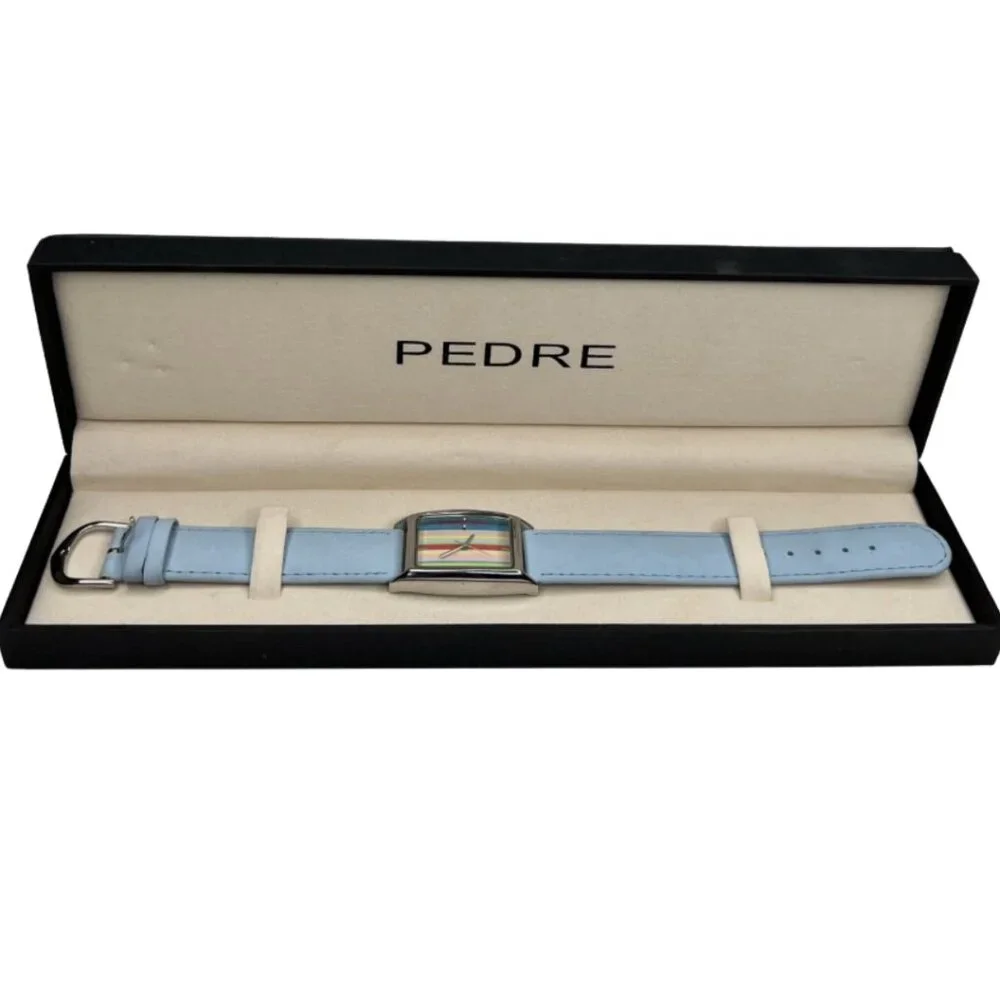 Pedre Watch Silver Tone Colorful Stripe Dial Blue Leather Band Japan MOVT